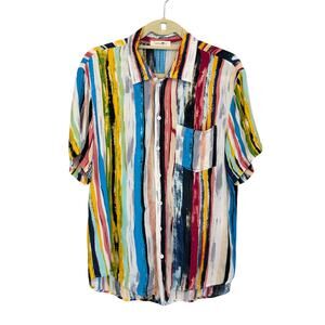 ChArmkpR Abstract Stripe Button Up Shirt M Art To Wear Retro Casual Summer Boho